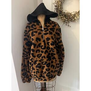 boohooMAN Oversized Animal Print Borg zip Neck Hoodie NWT, Brown, LG